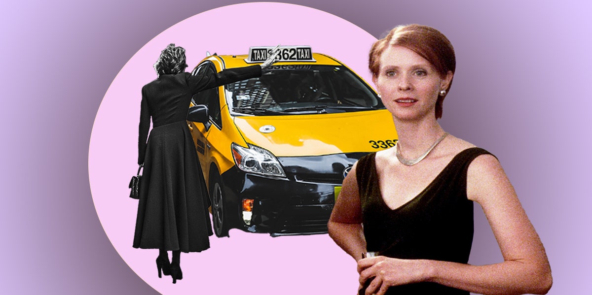 Pink and purple backdrop; a woman is hailing a taxi; Miranda Hobbes from Sex and the City holding a glass.