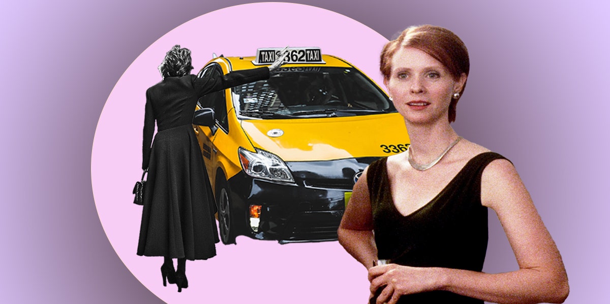 Pink and purple backdrop; a woman is hailing a taxi; Miranda Hobbes from Sex and the City holding a glass.