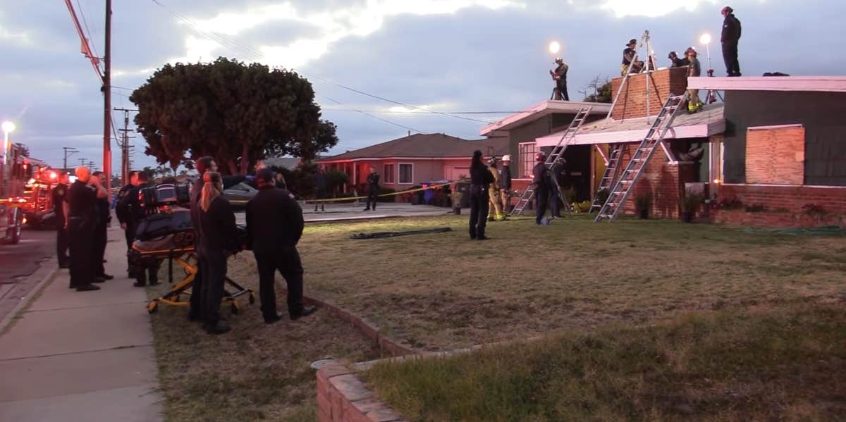 California Woman Tries To Break Into Her Home And Gets Stuck Head First In Chimney San Diego home chimney rescue