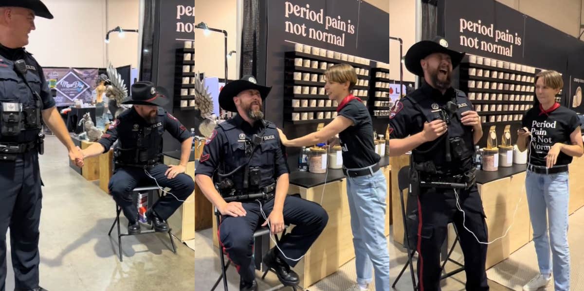 Canadian police officer trying period pain simulator TikTok