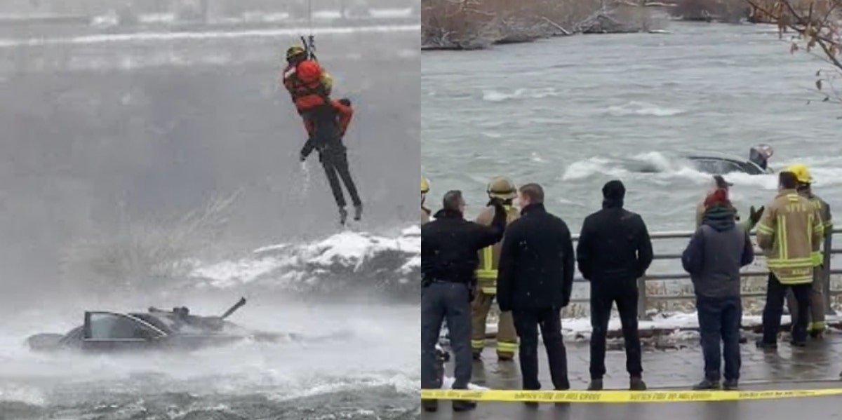 man rescuing woman from car, car fully submerged in niagara river