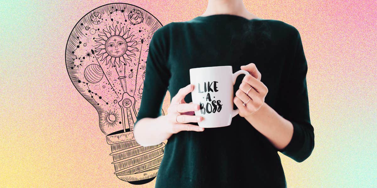 astrology lightbulb and person holding 'like a boss' mug