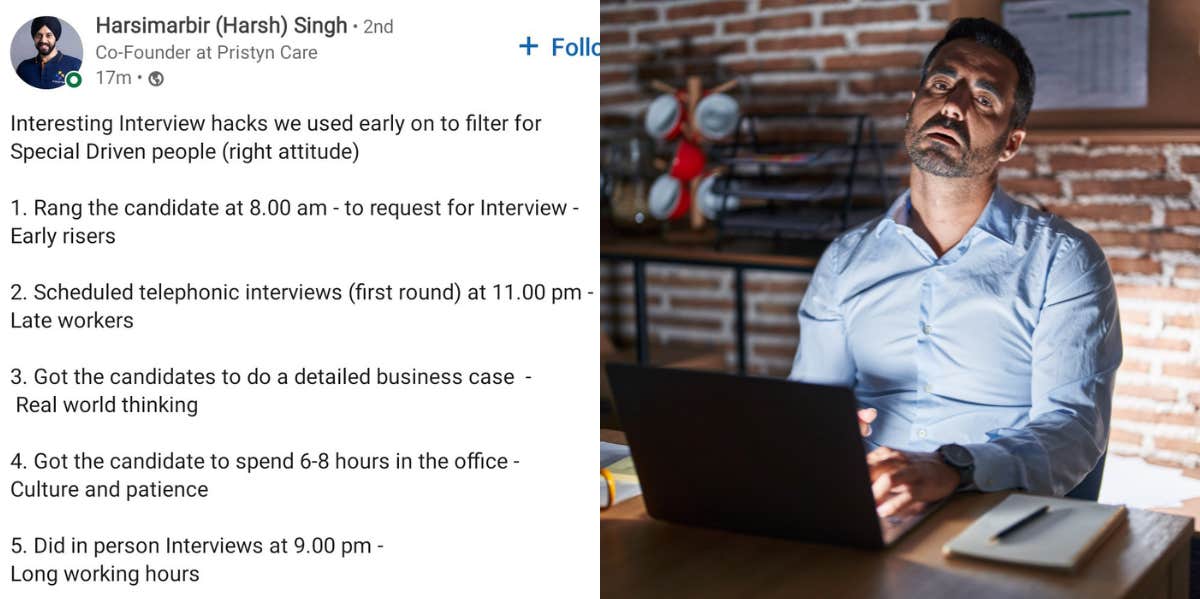 Harsimarbir Singh's Interview Hacks LinkedIn post, man on laptop