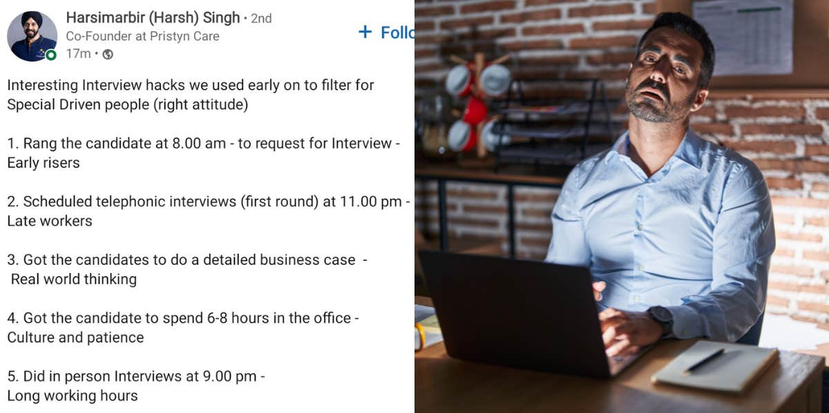 Harsimarbir Singh's 'Interview Hacks' To 'Filter Special Driven People' Harsimarbir Singh's Interview Hacks LinkedIn post, man on laptop