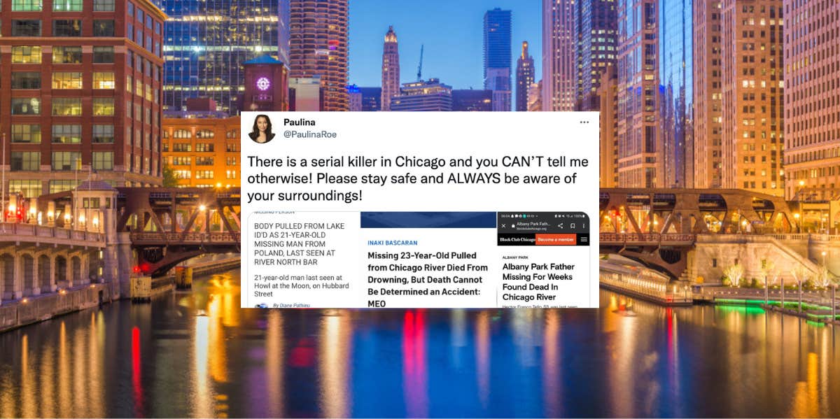 Bodies In Chicago River & Lake Michigan Prompt Serial Killer Fears Chicago River skyline with tweet from @PaulinaRoe sharing fears of a serial killer and murder headlines