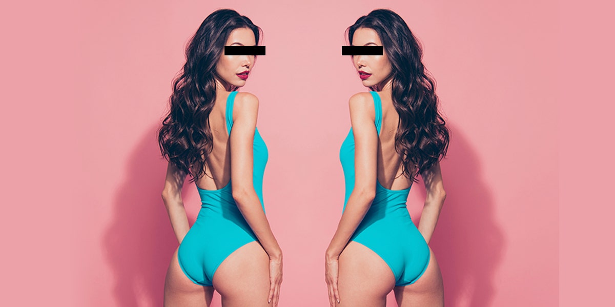 woman in blue bikini, duplicated