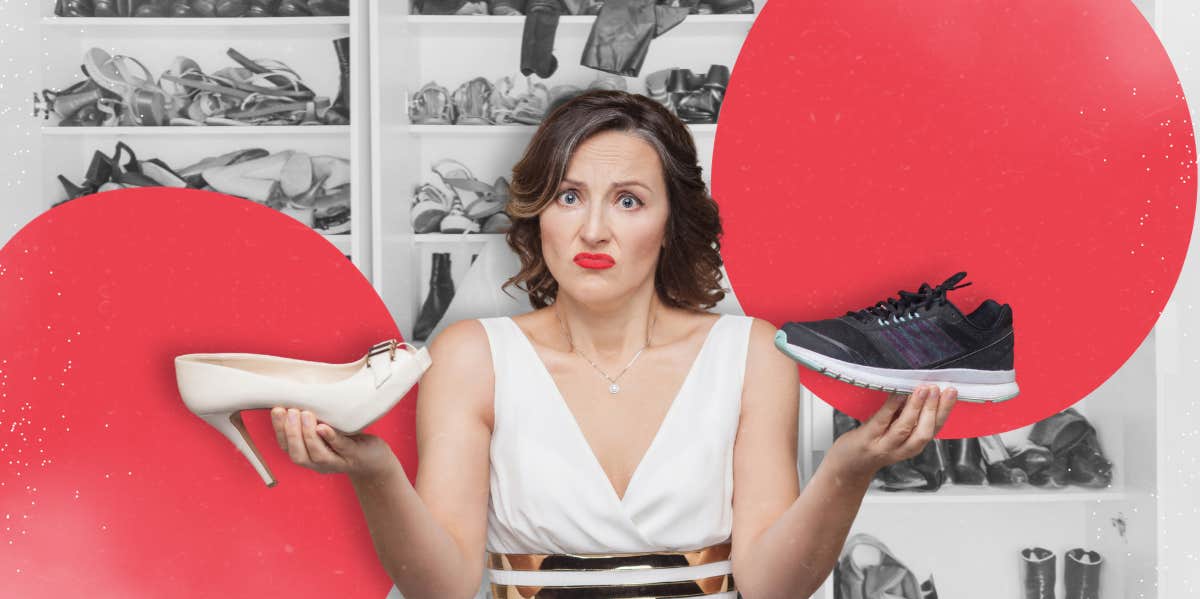 What Your Shoes Reveal About You On A First Date Woman deciding what shoes to wear