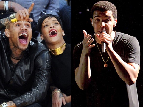 Chris Brown and Rihanna at a basketball game; Drake performing onstage