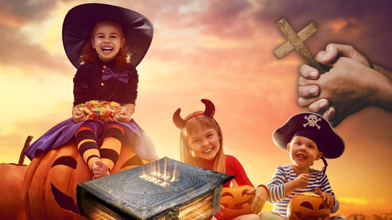 kids celebrating halloween and religious items