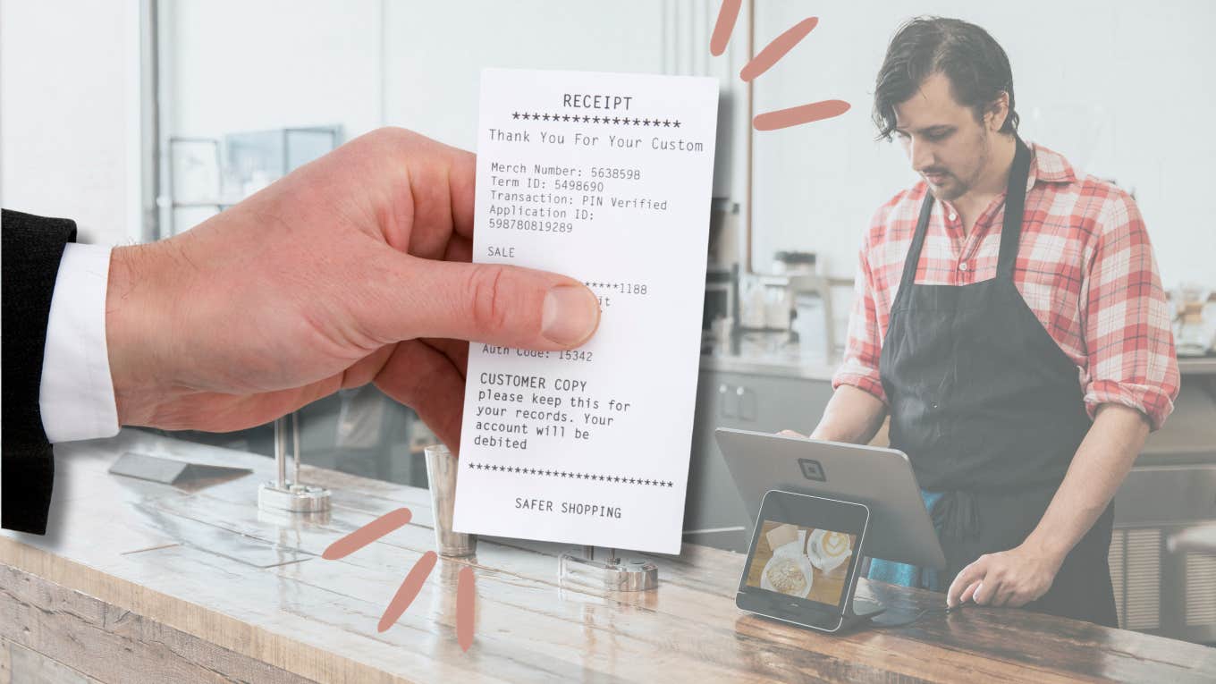 Man Says Coffee Shop Forced Him To Tip hand holding receipt for coffee shop