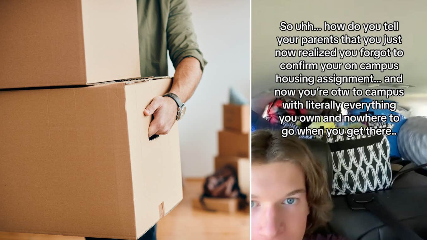 Left: a man carrying moving boxes. Right: a college student forgets to tell his parents he has no housing as they drive him to school.