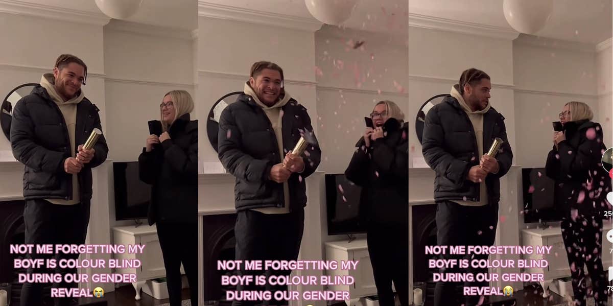 Woman's Color-Blind Boyfriend Has The Sweetest Reaction At Their Baby's Gender Reveal boyfriend, gender reveal, colorblind