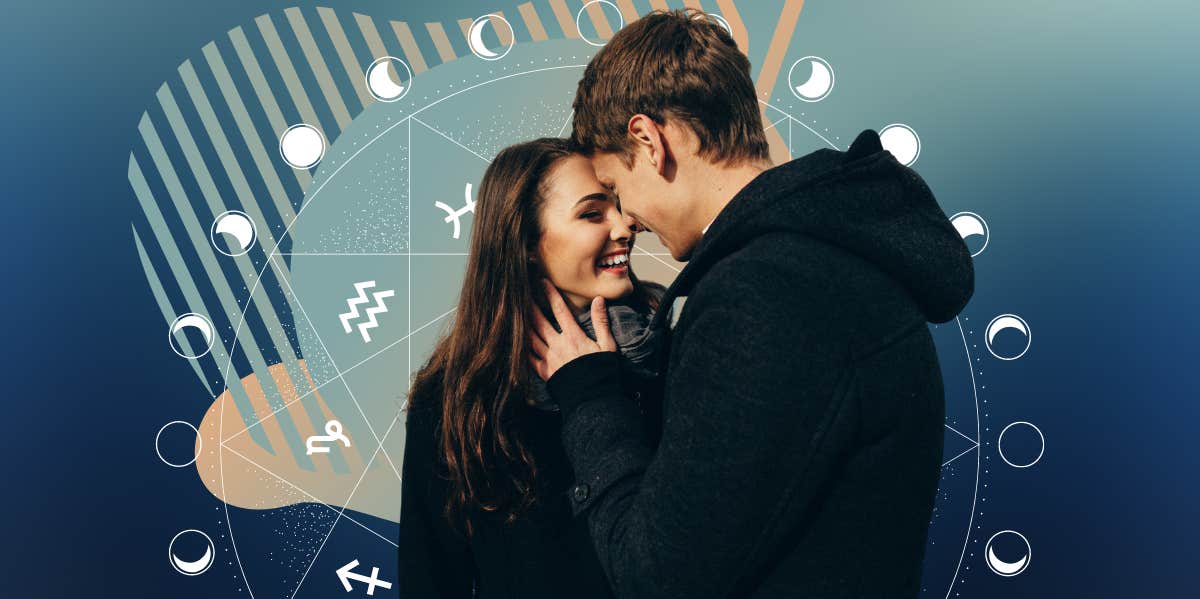 couple in front of astrology wheel