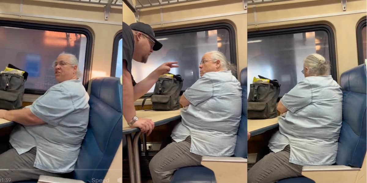 bigoted train passenger getting told off by conductor