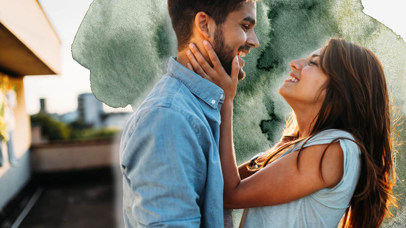 Couple talking, hands on face