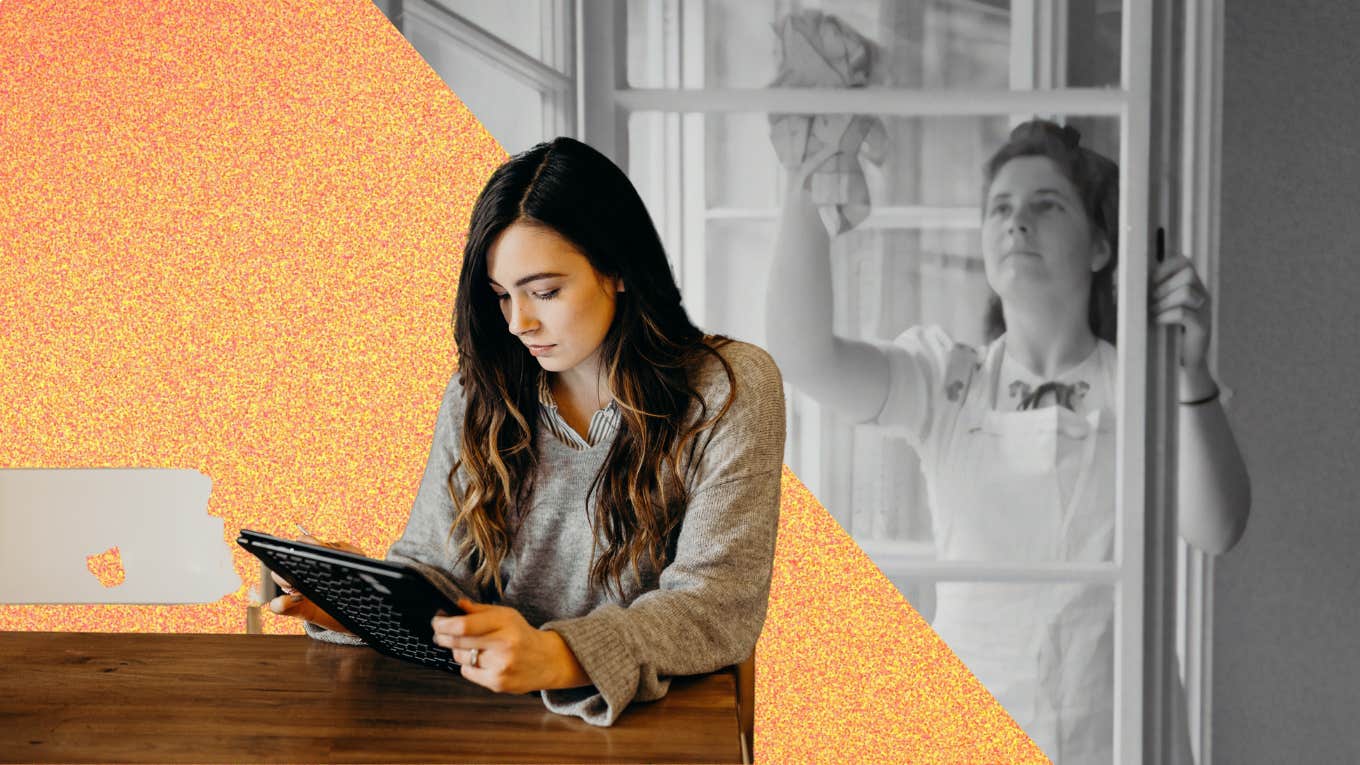 woman on computer and woman cleaning window