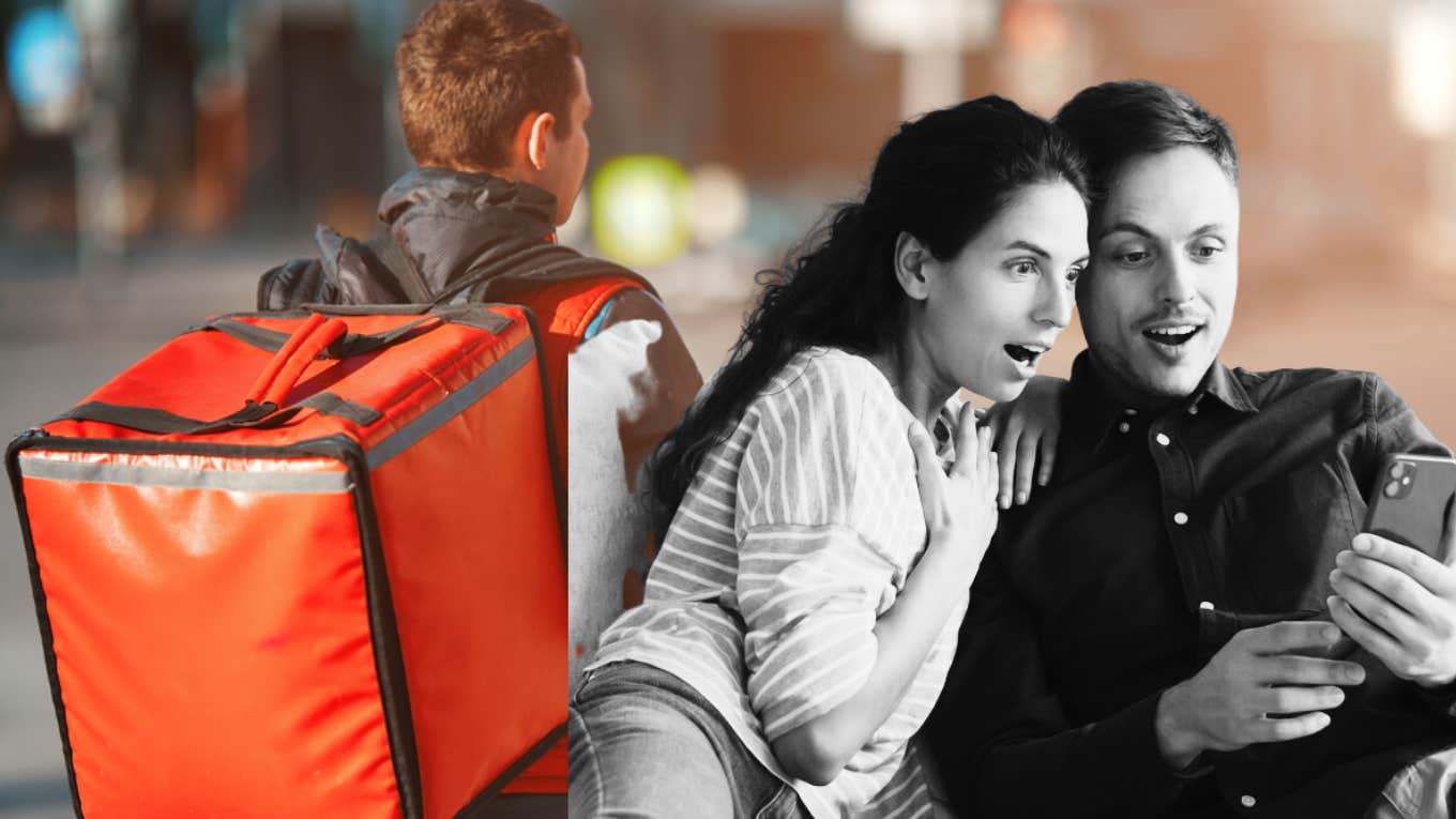 couple looking at phone, delivery person walking with cooler