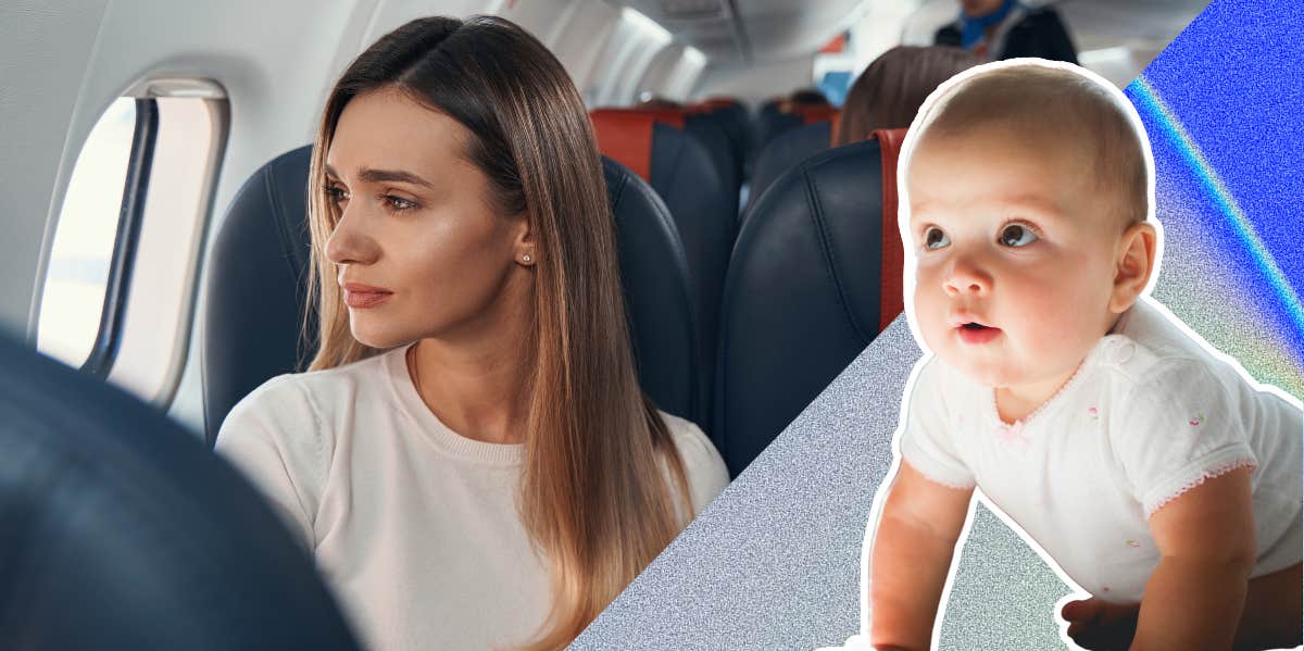 woman sitting on plane and crawling baby