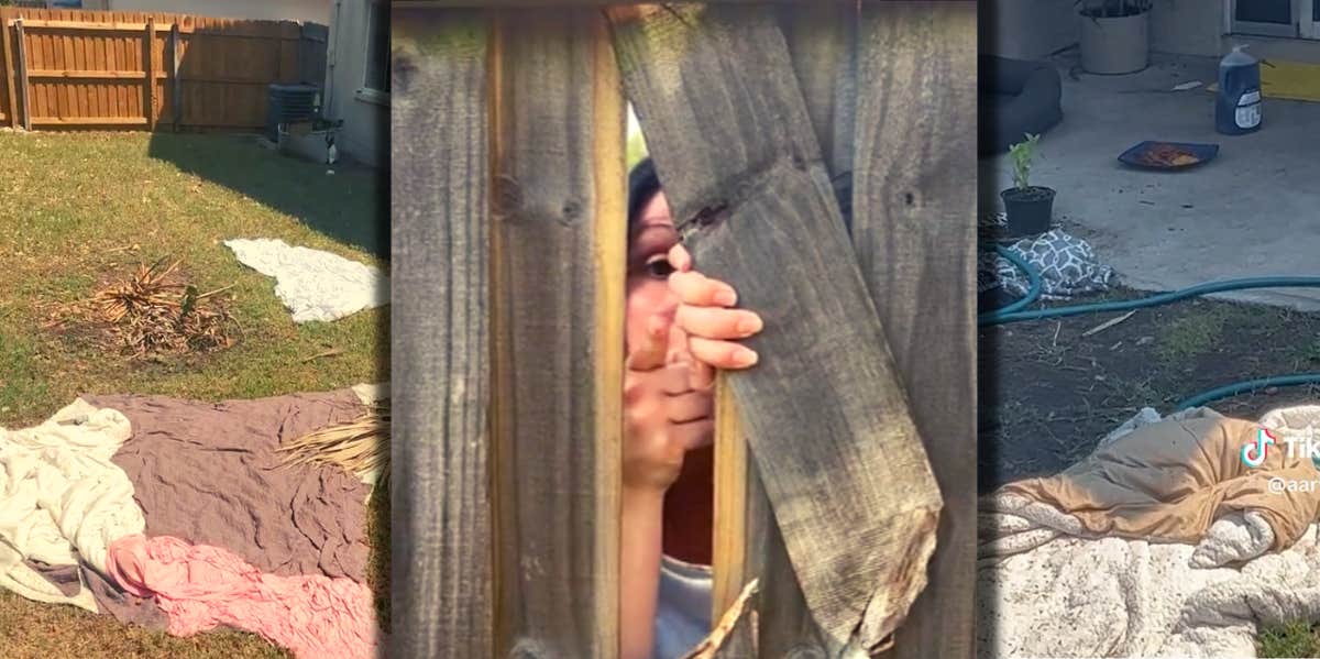 woman peeking through fence at neighbor