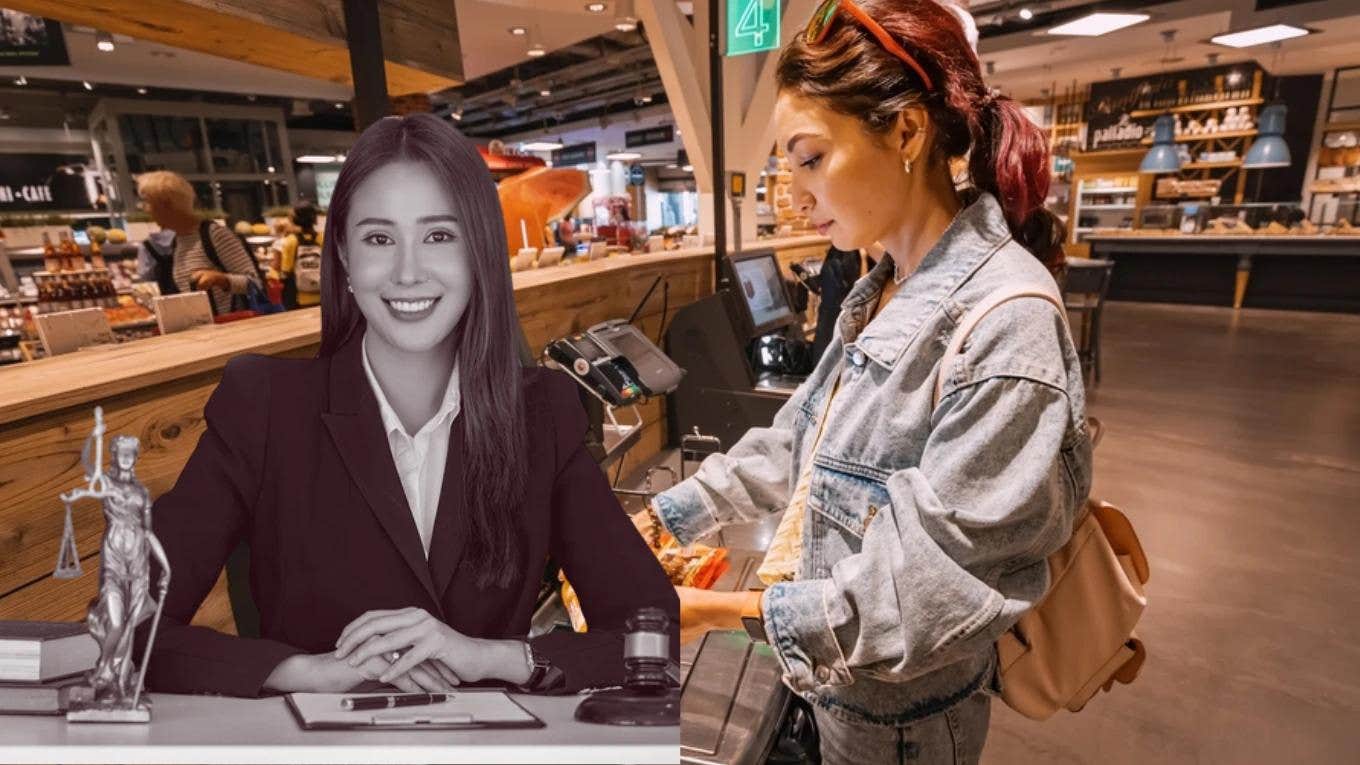 woman at self-checkout and lawyer