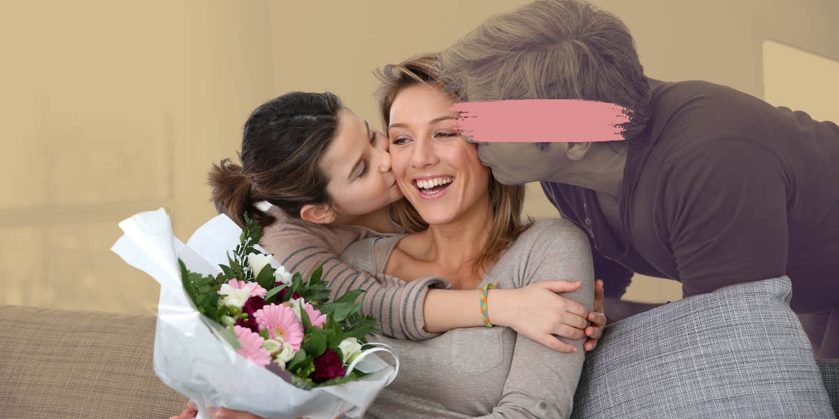Woman happy with Mother's Day gift, blocked out husband