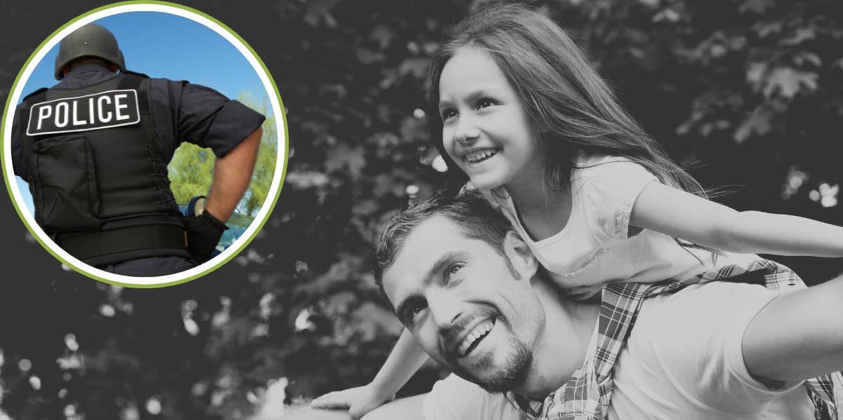 Dad Calls Police On Daughter After She Took Money From His Wallet Back of police officer uniform, dad and daughter playing in park