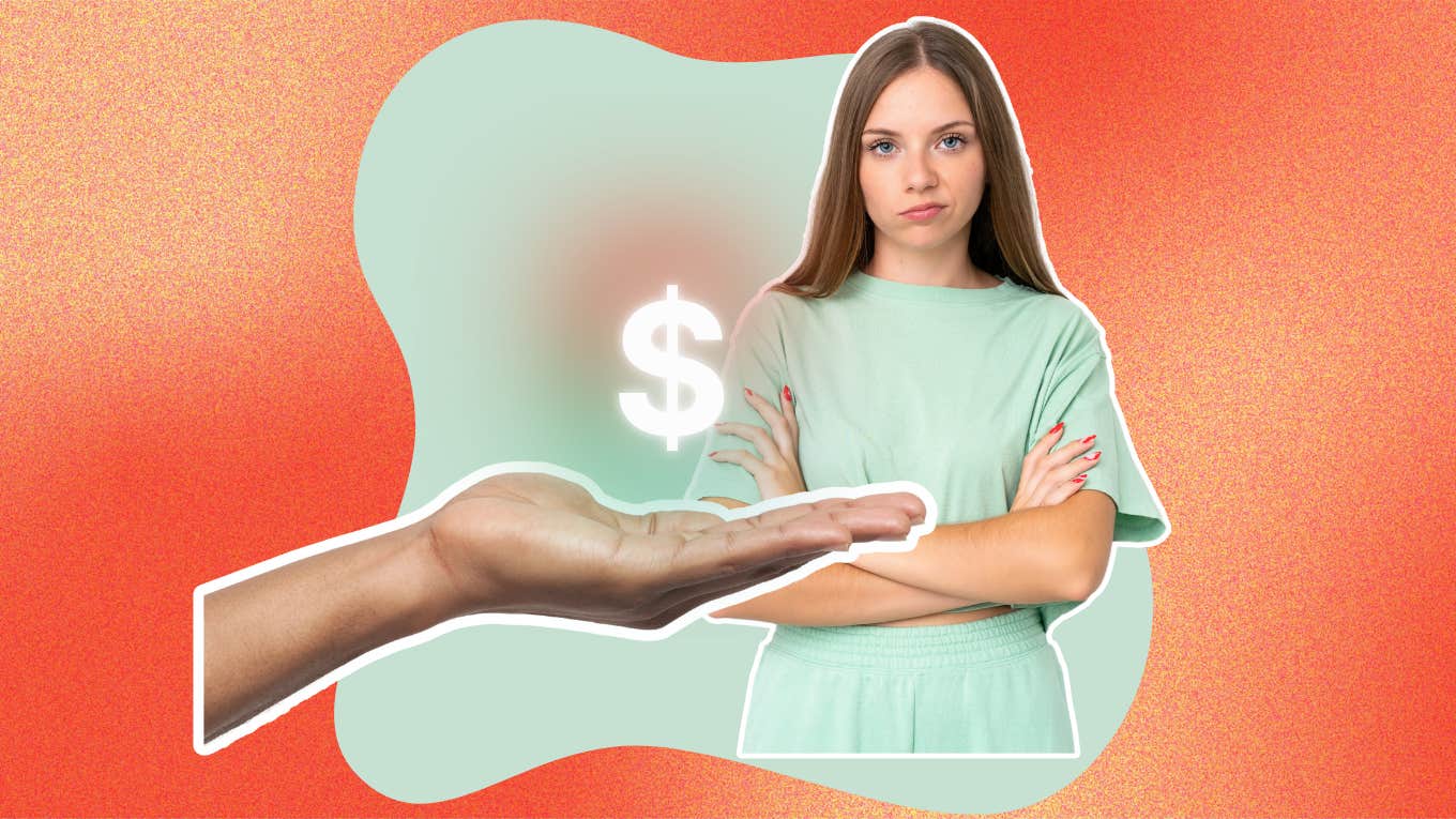 Dad Demands Estranged Daughter Pay Back Child Support To Reconnect hand out with dollar sign above it and upset young woman