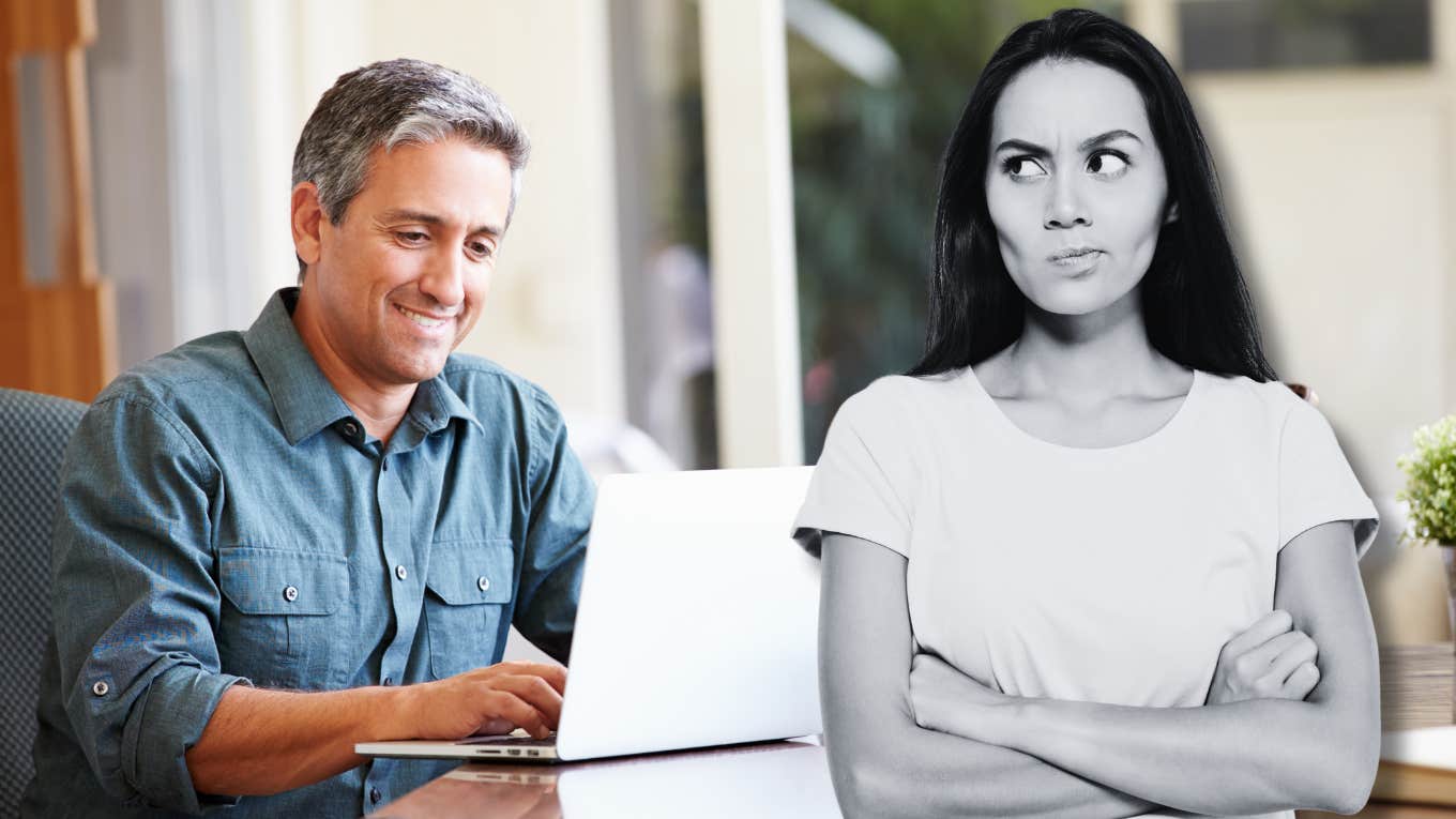 older man on laptop in home office and annoyed woman