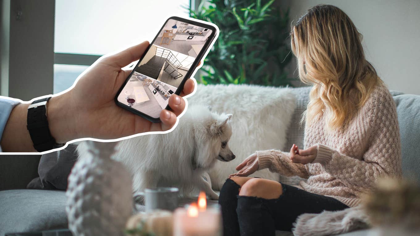 man checking hidden cameras, woman on couch petting dog