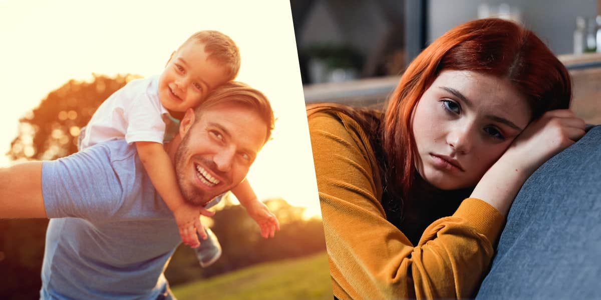 father giving son piggyback ride, upset teenager sitting on couch