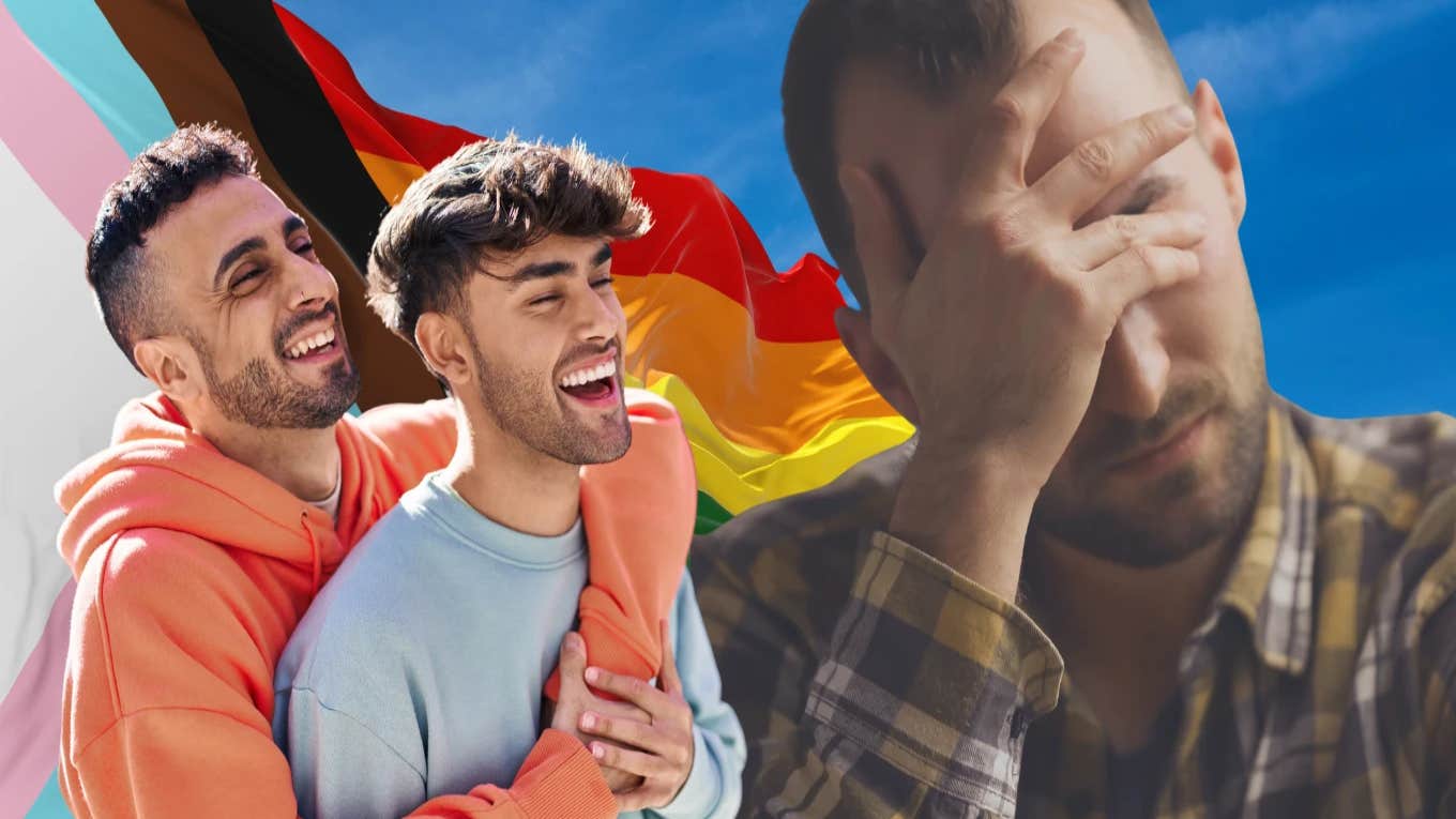 pride flag, boyfriends hugging, man upset with hand over face