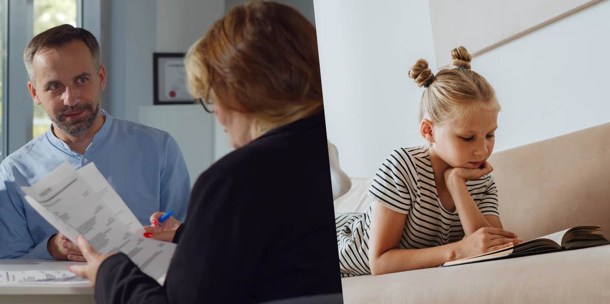 Teacher talking with parent, little girl reading on couch