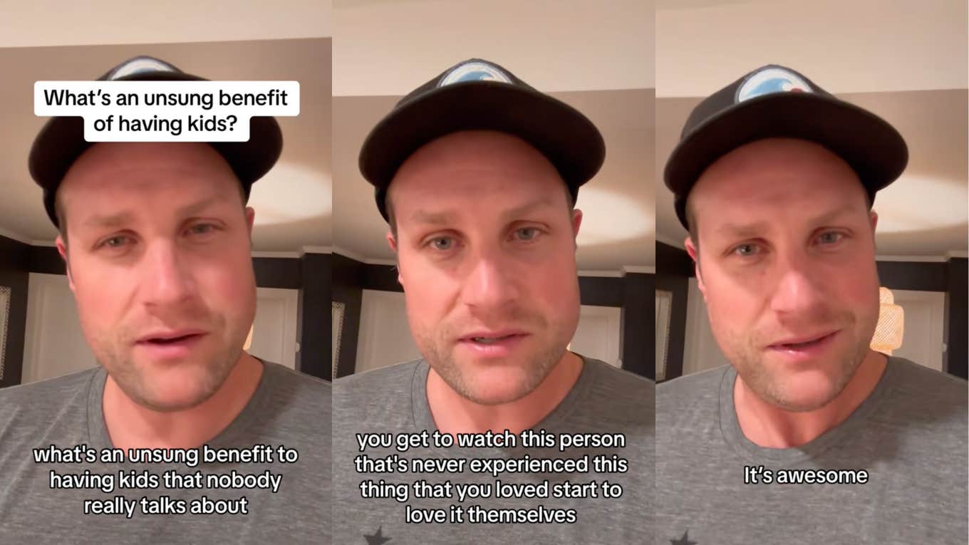Sentimental Dad Shares The 'Unsung Benefit' Of Playing With His Son Three TikTok screenshots of Andrew wearing a hat and grey shirt