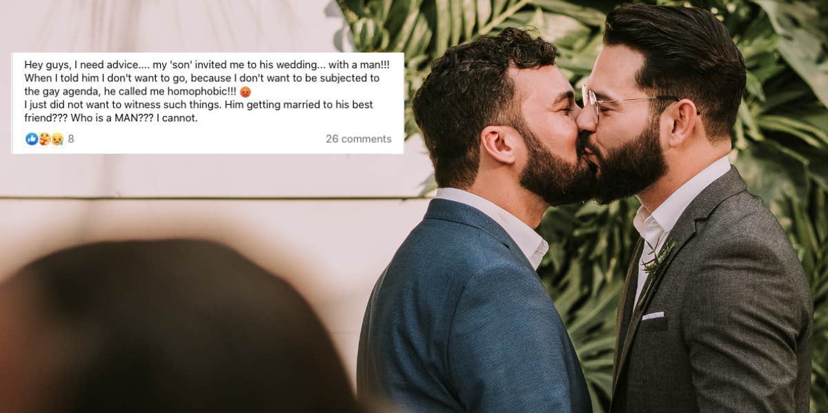 Man Seeks Advice After He Turns Down Son's Wedding Invite Because He Did Not Want To Be 'Subjected To His Agenda' couple kissing