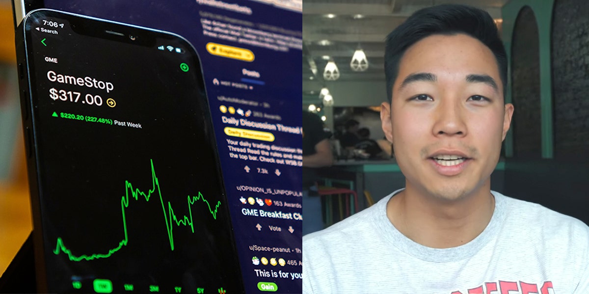 Stock market graph on phone and Danny Kim
