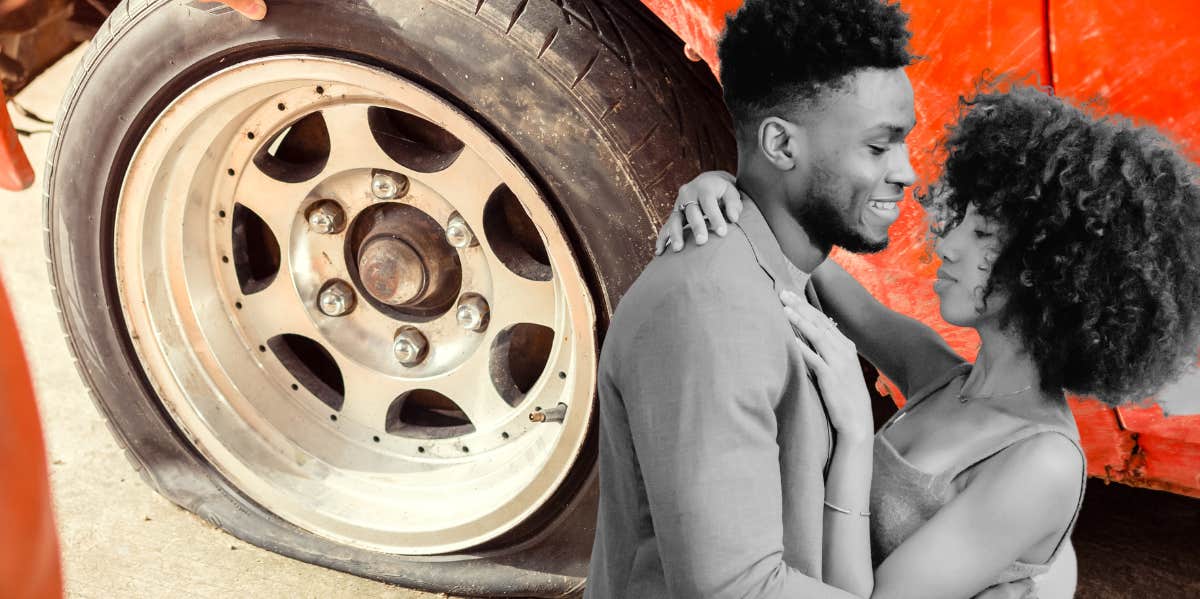 Flat tire, couple on a date