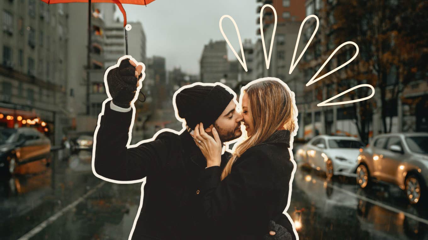 Couple kissing in the rain 