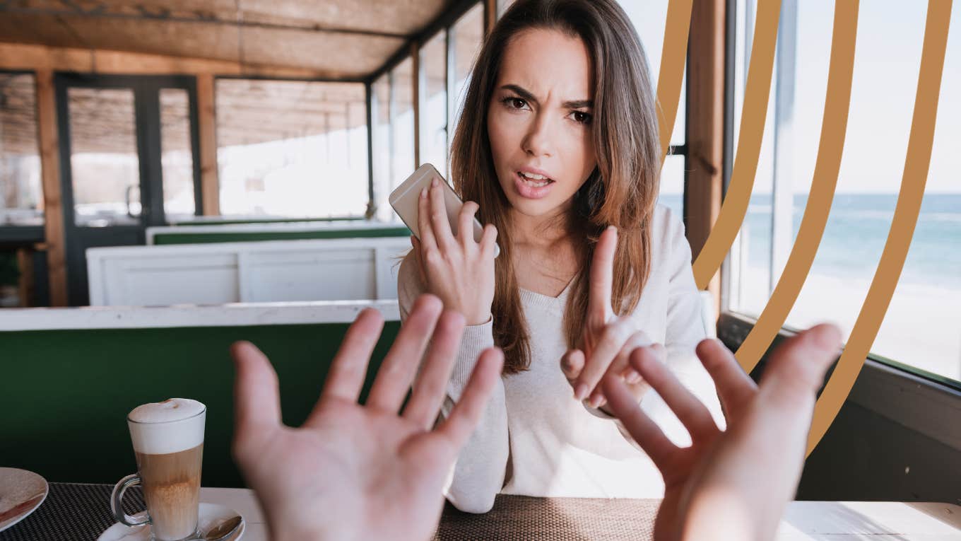 Woman setting boundary with demanding man while she takes a call