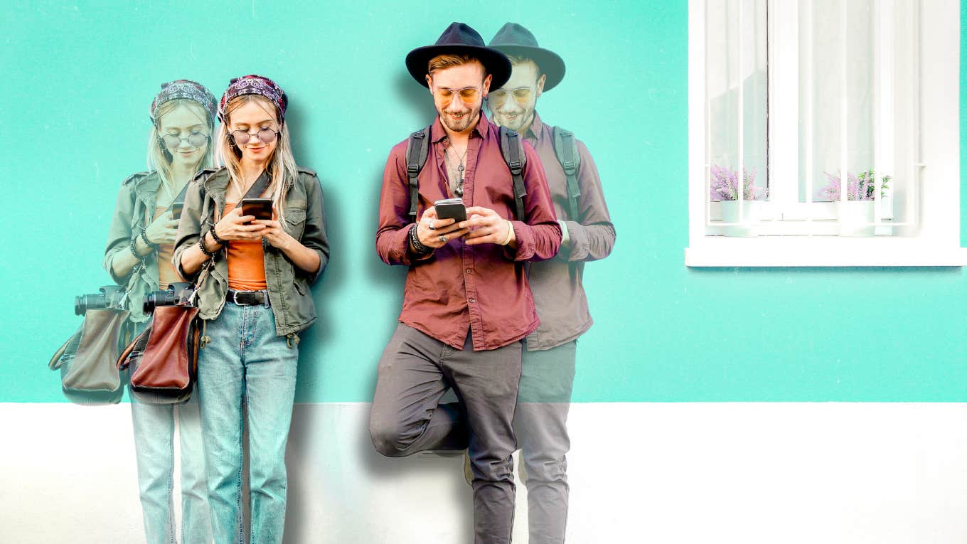 Couple focused on their phones and not on each other 