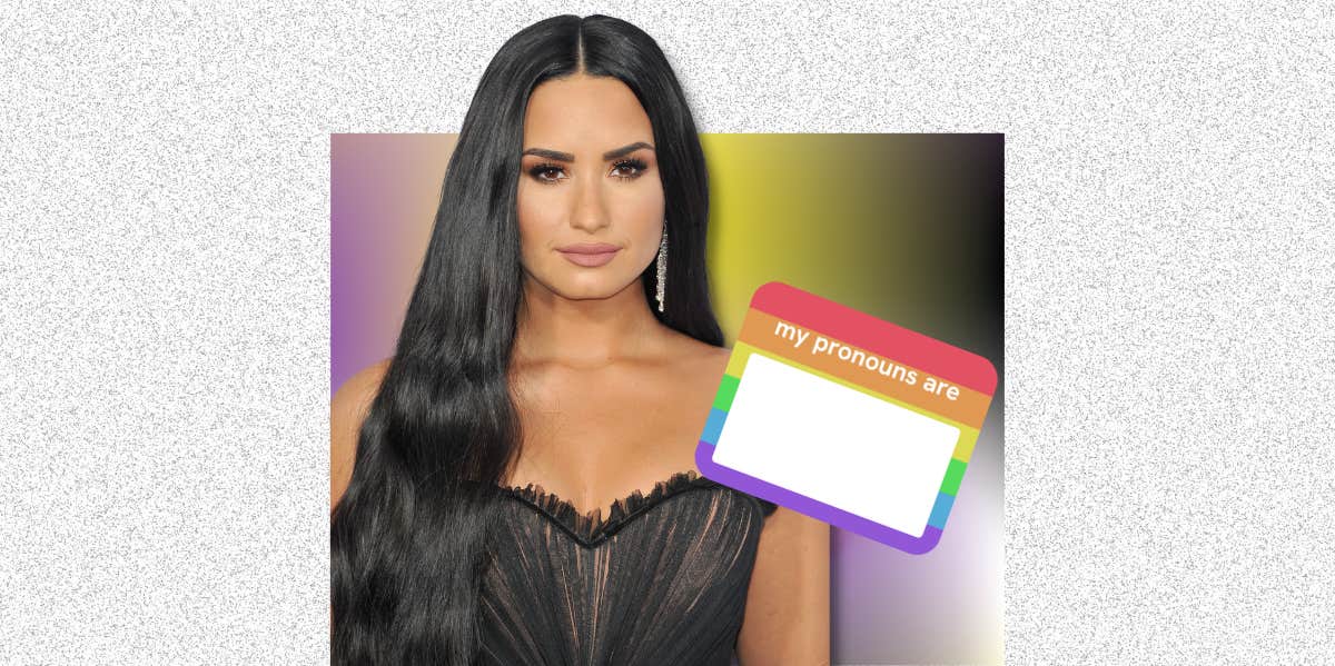 Why Demi Lovato Changed Her Pronouns demi lovato, pronouns nametag, non-binary colors