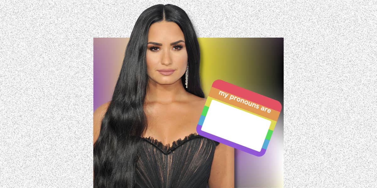 demi lovato, pronouns nametag, non-binary colors