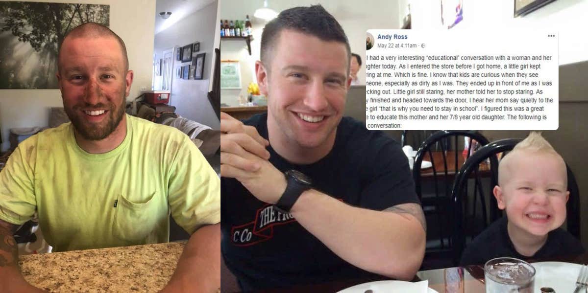 A ‘Dirty’ Man With Tattoos Responds After Overhearing A Mom Mocking Him To Her Child In A Grocery Store Andy Ross and his son
