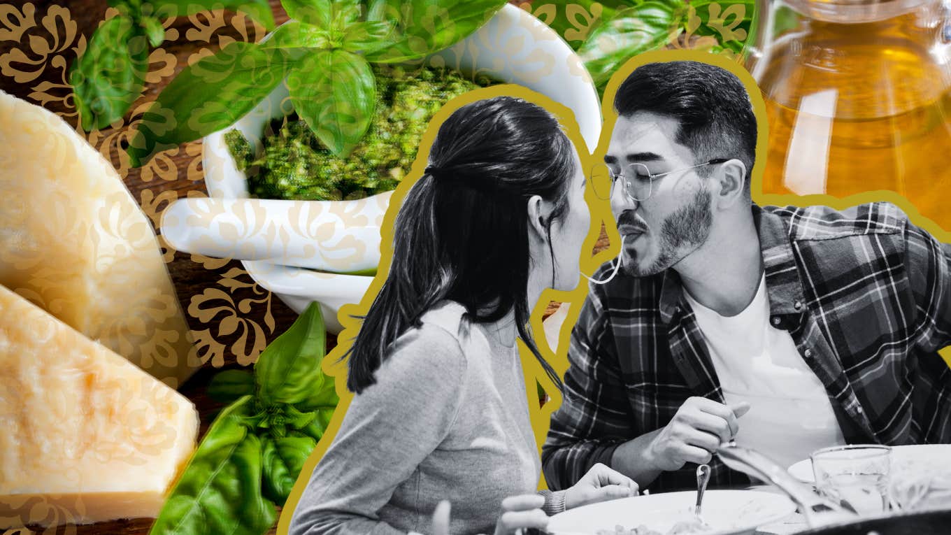My First-Date Pesto Works On Men Every Single Time Couple sharing a pesto meal, ingredients in the background