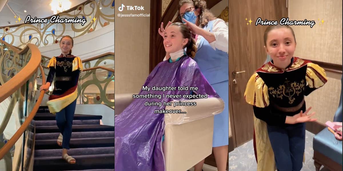 Three screenshots of Lilia getting her makeover, one image showing her in the makeover chair, and the other two in her Prince Charming outfit