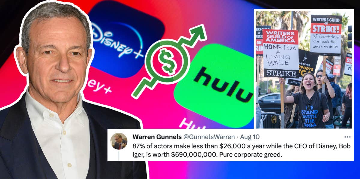 Disney Hiking Prices While Paying CEO $25 Million & Refusing To Pay Striking Actors & Writers — 'Pure Corporate Greed' Disney CEO Bob iger, disney+ and hulu logos, striking actors and writers, tweet about disney hiking prices