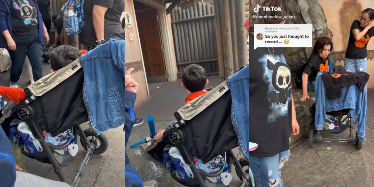 Disneyland Guests Concerned Over Child Left Alone In A Stroller Outside Of A Restroom Disneyland kid in stroller TikTok