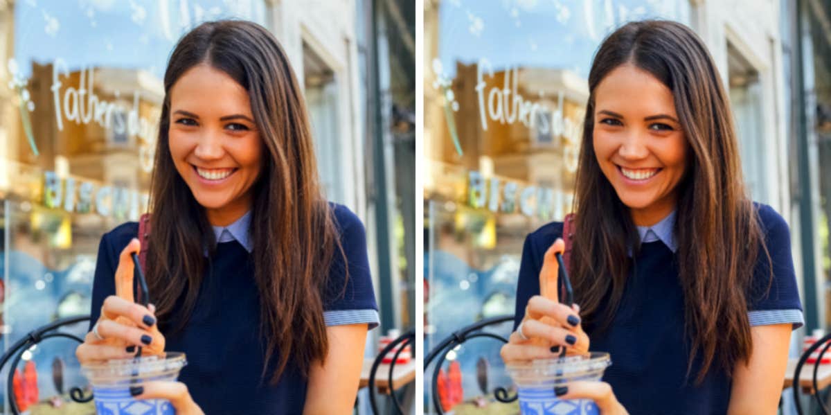 smiling brunette woman in collared shirt with a cup of coffee