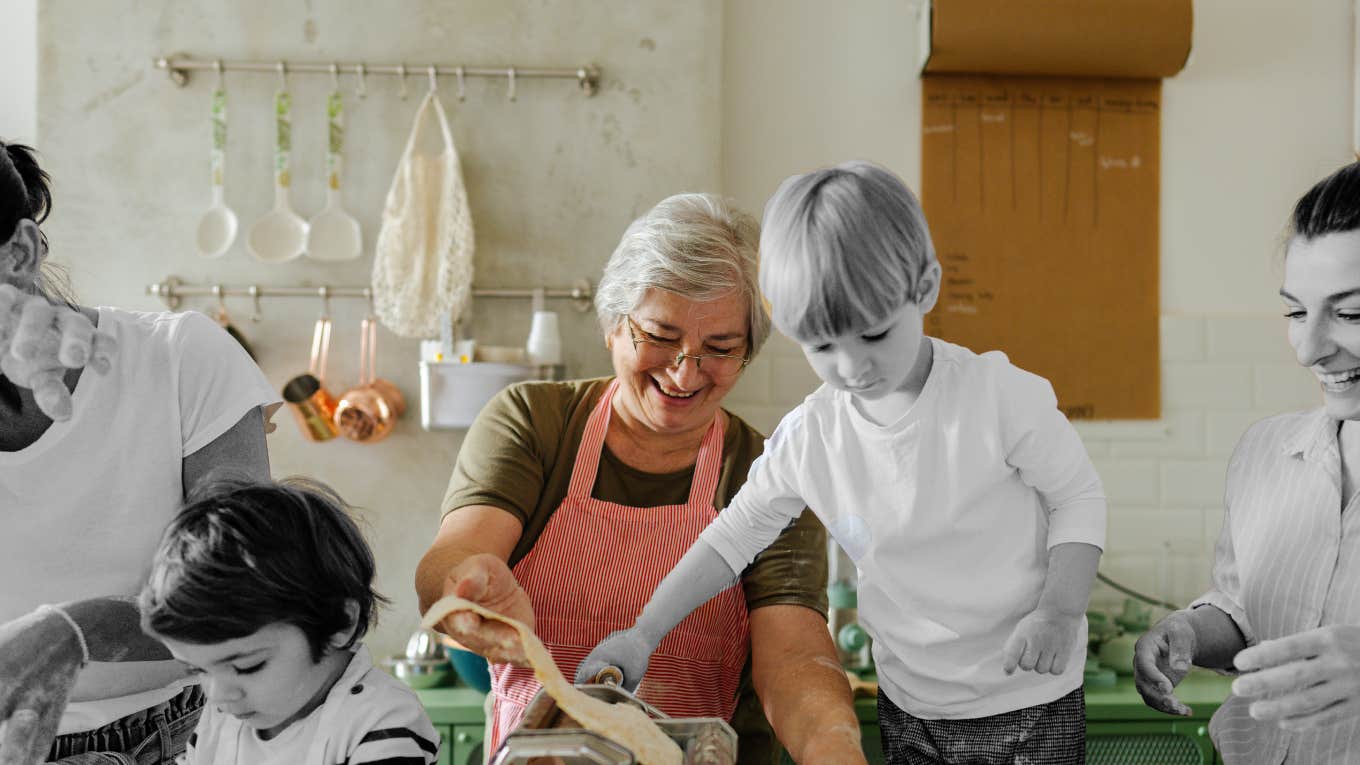 Grandchildren cooking with their grandma