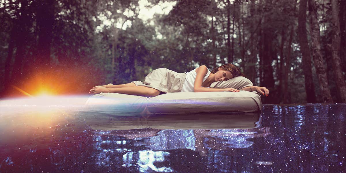 woman sleeping on a mattress in a lake