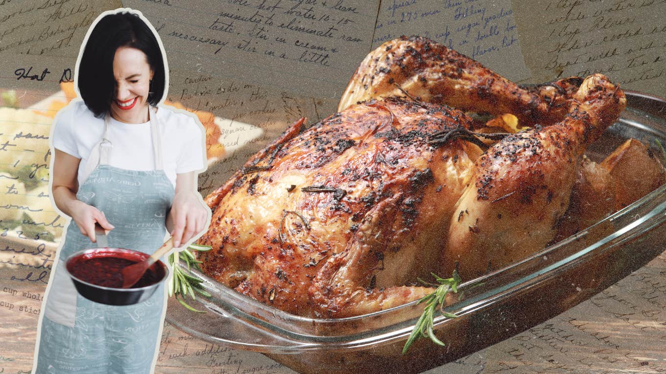 Woman making a roast chicken recipe